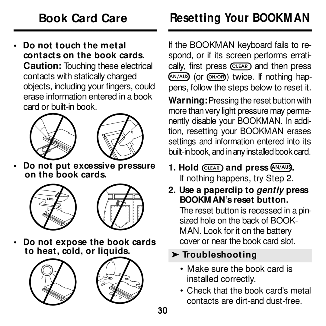 Franklin DBD-2015 manual Book Card Care, Use a paperclip to gently press BOOKMAN’s reset button, Troubleshooting 