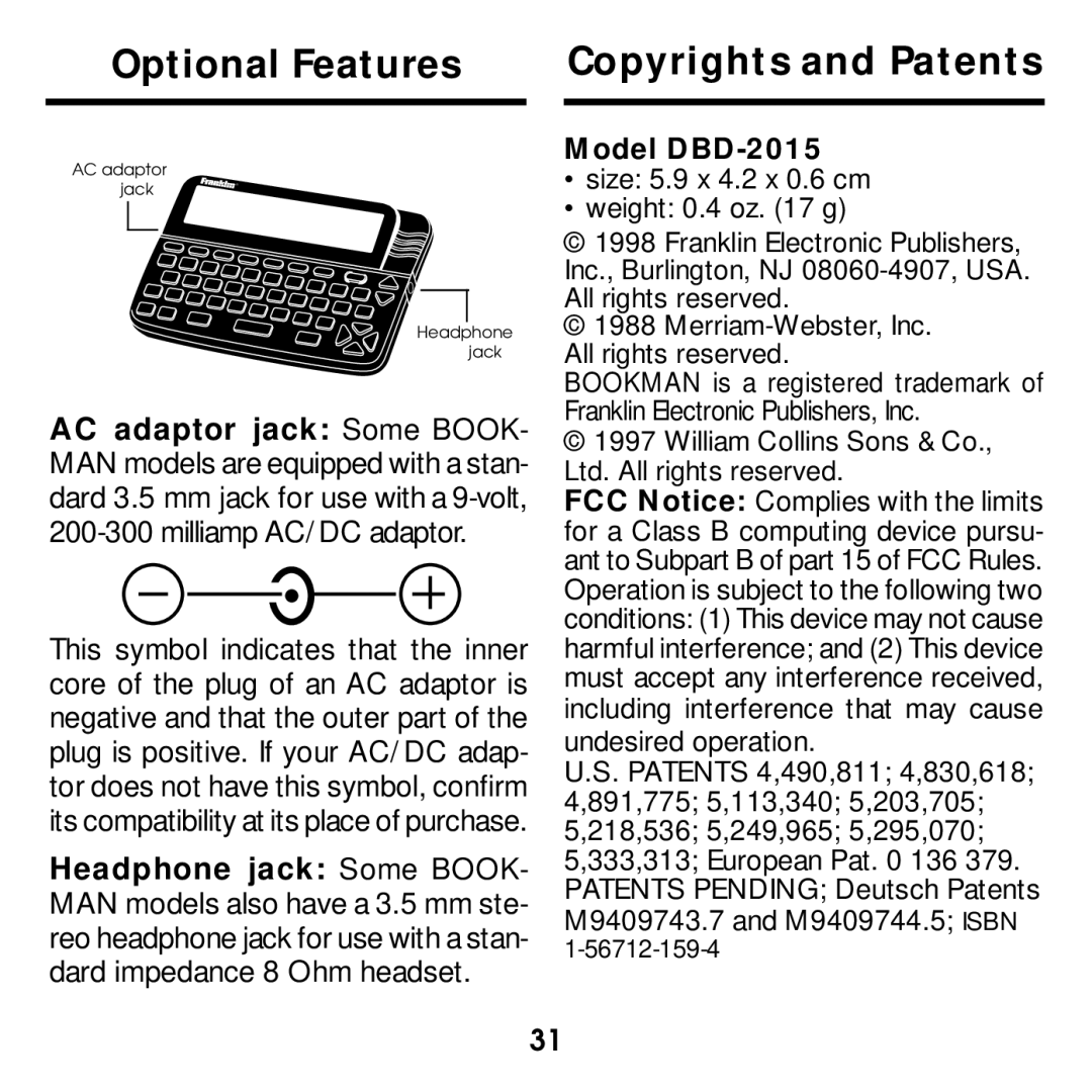 Franklin manual Optional Features Copyrights and Patents, Model DBD-2015 