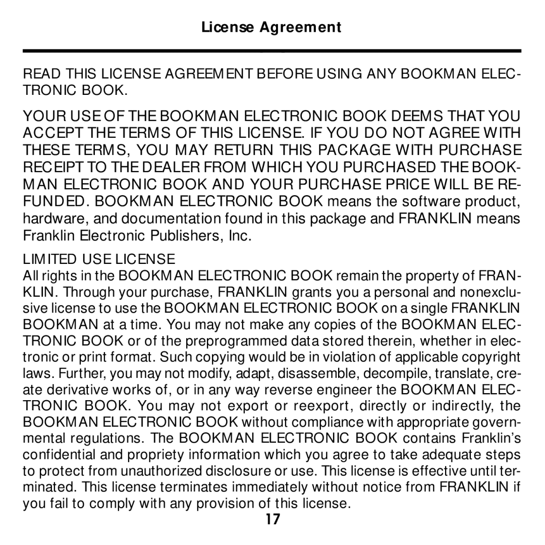 Franklin DBD-2015 manual License Agreement, Limited USE License 