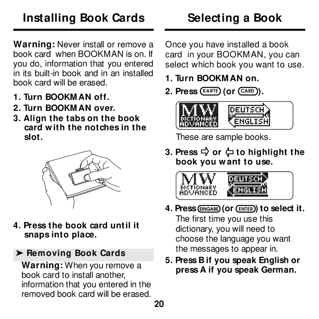 Franklin DBD-2015 Installing Book Cards Selecting a Book, Once you have installed a book, Card in your BOOKMAN, you can 