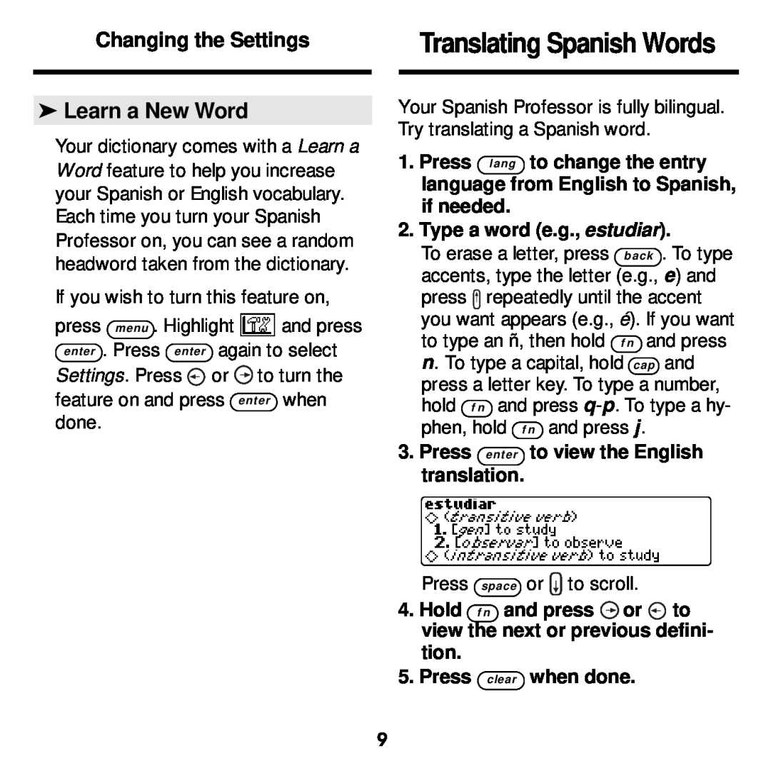 Franklin DBE-1440 Translating Spanish Words, Learn a New Word, Changing the Settings, Type a word e.g., estudiar, Hold 
