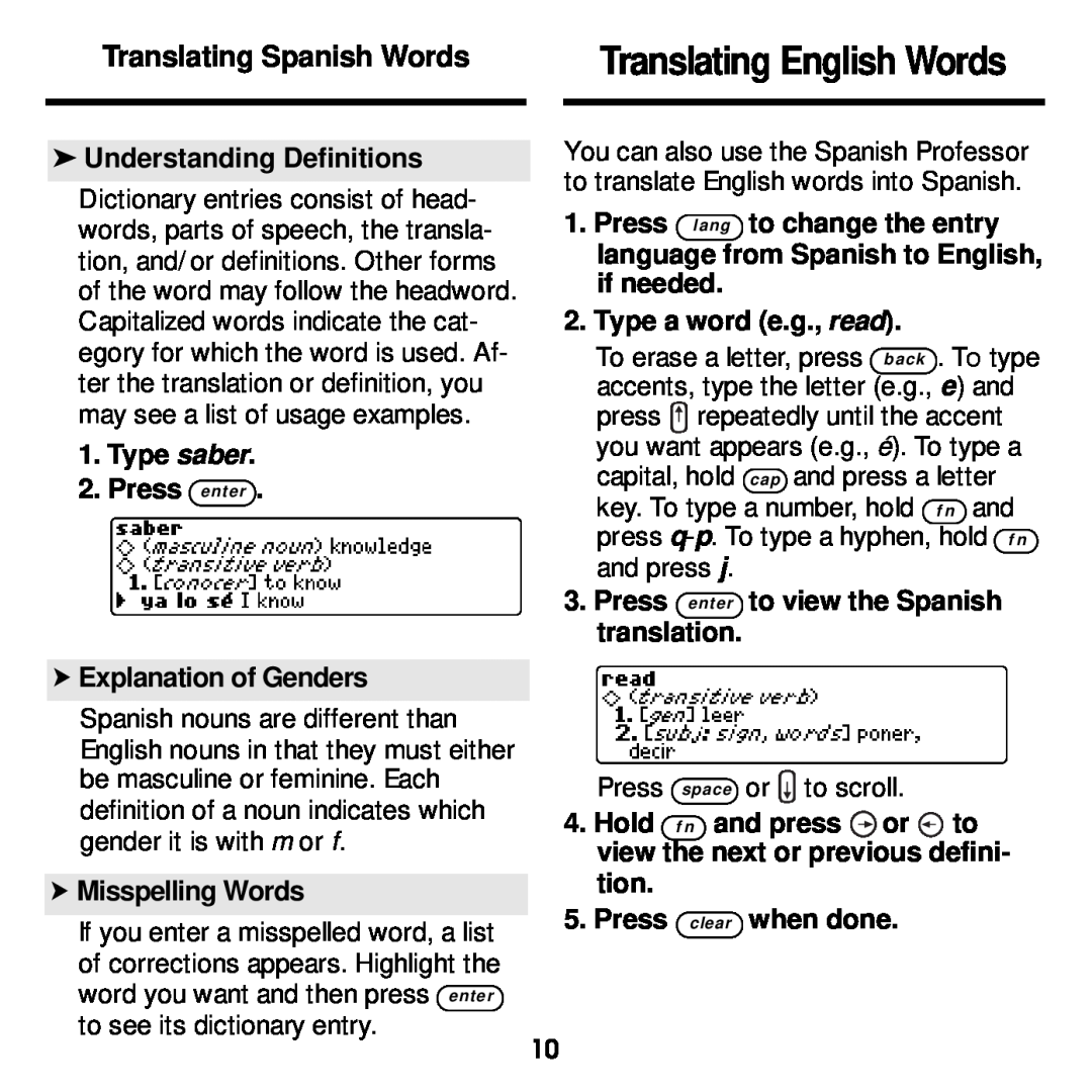 Franklin DBE-1440 Translating English Words, Translating Spanish Words, Understanding Definitions, Misspelling Words, Hold 