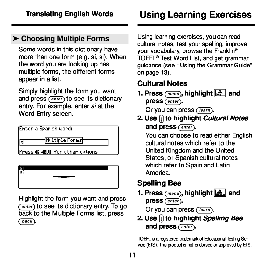 Franklin DBE-1440 manual Using Learning Exercises, Choosing Multiple Forms, Cultural Notes, Spelling Bee 
