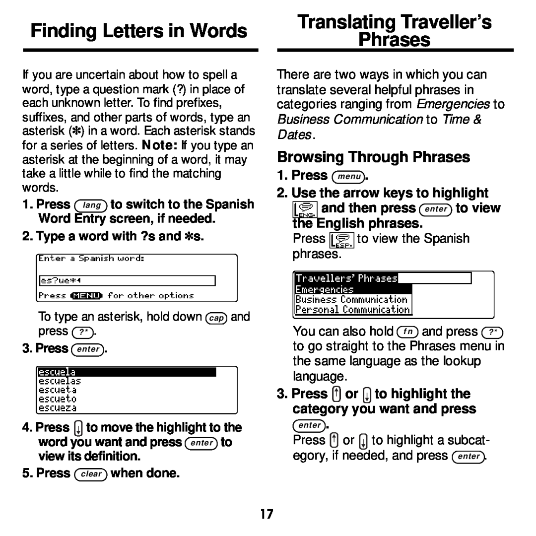 Franklin DBE-1440 manual Finding Letters in Words, Translating Traveller’s Phrases, Browsing Through Phrases, Press enter 