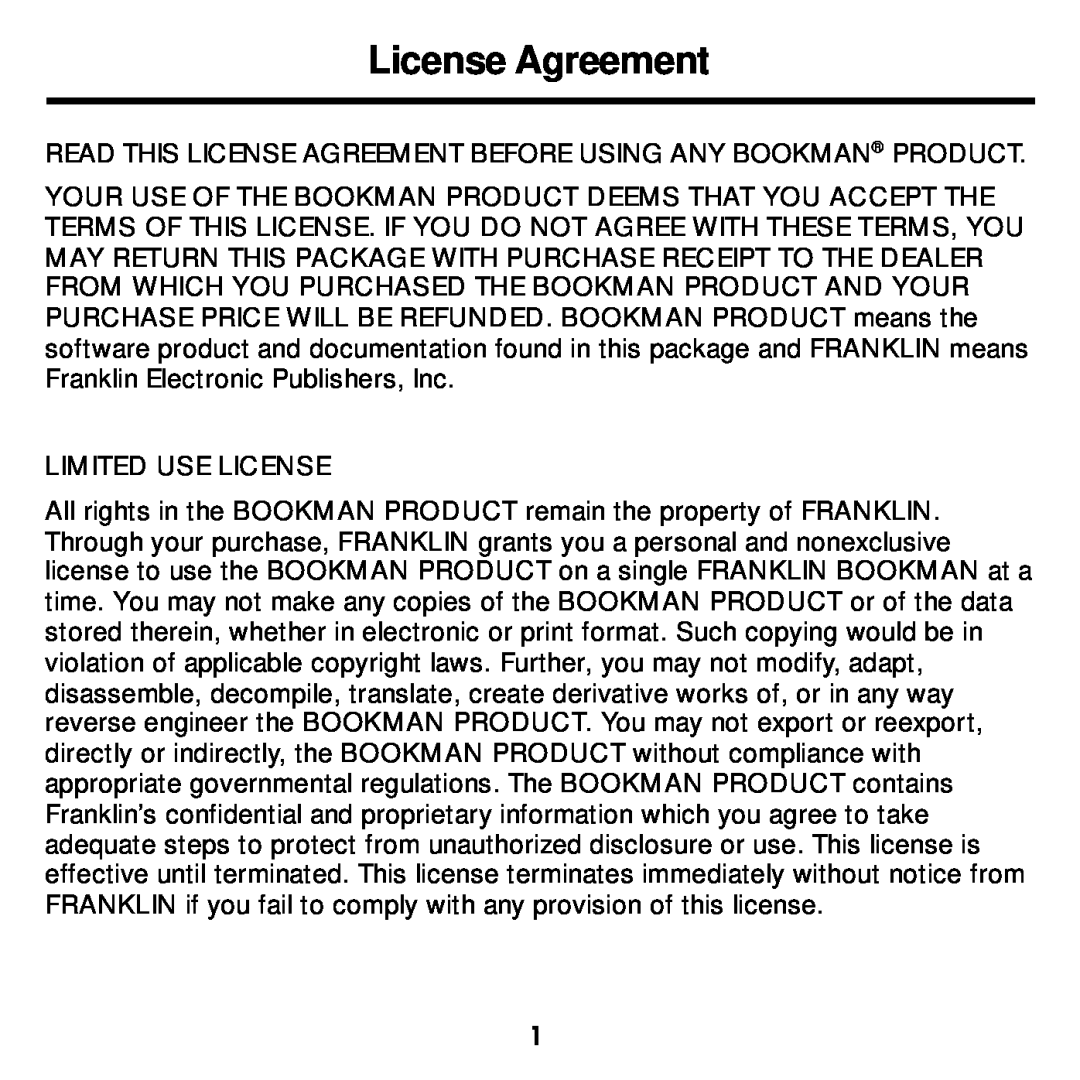 Franklin DBE-1440 manual License Agreement 