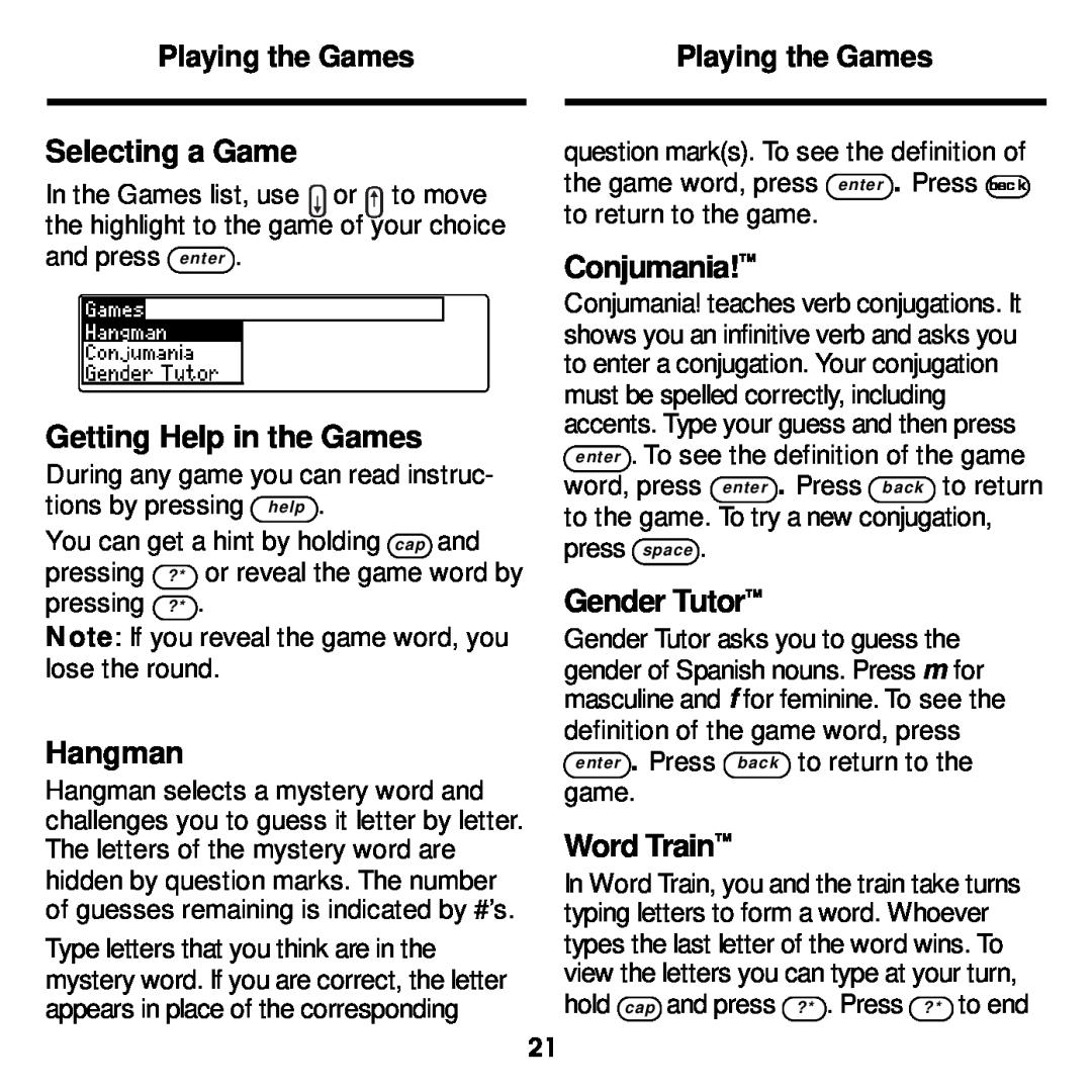 Franklin DBE-1440 manual Selecting a Game, Getting Help in the Games, Hangman, Conjumania, Gender Tutor, Word Train 