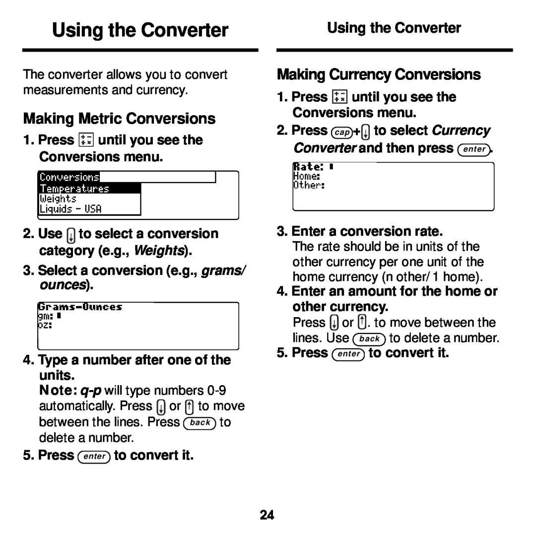 Franklin DBE-1440 Using the Converter, Making Metric Conversions, Making Currency Conversions, Press enter to convert it 