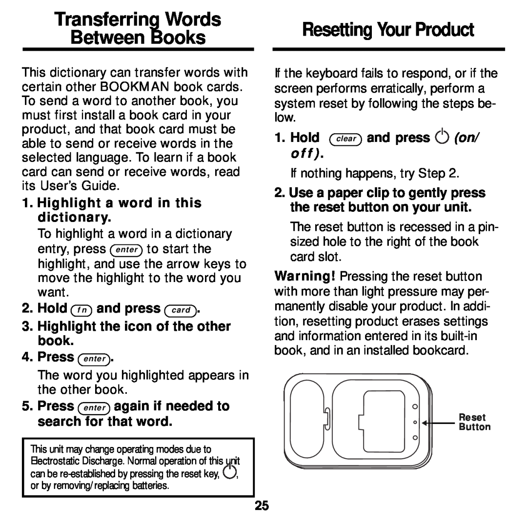 Franklin DBE-1440 manual Transferring Words Between Books, Resetting Your Product, Highlight a word in this dictionary 