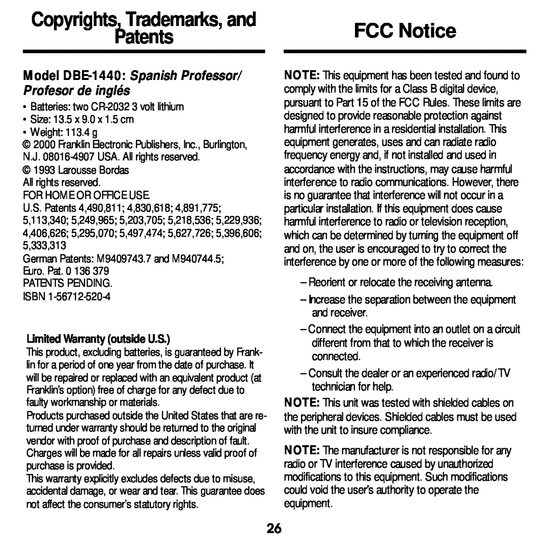 Franklin manual FCC Notice, Copyrights, Trademarks, and, Patents, Model DBE-1440 Spanish Professor/ Profesor de inglés 