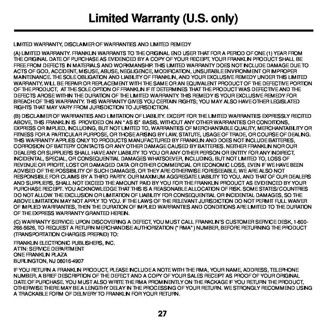 Franklin DBE-1440 manual Limited Warranty U.S. only, Limited Warranty, Disclaimer Of Warranties And Limited Remedy 