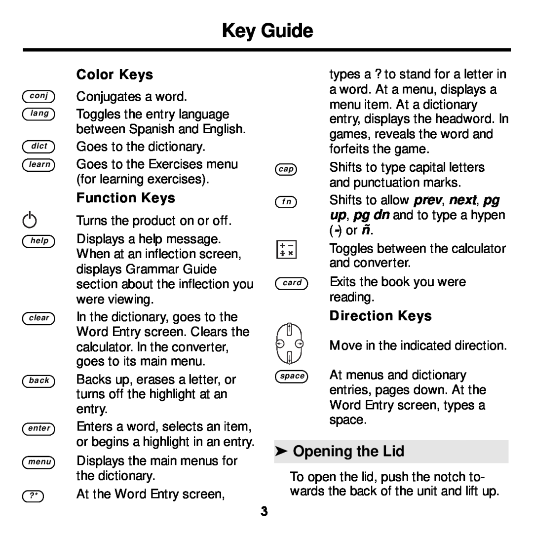 Franklin DBE-1440 manual Key Guide, Opening the Lid, Color Keys, Function Keys, Direction Keys 