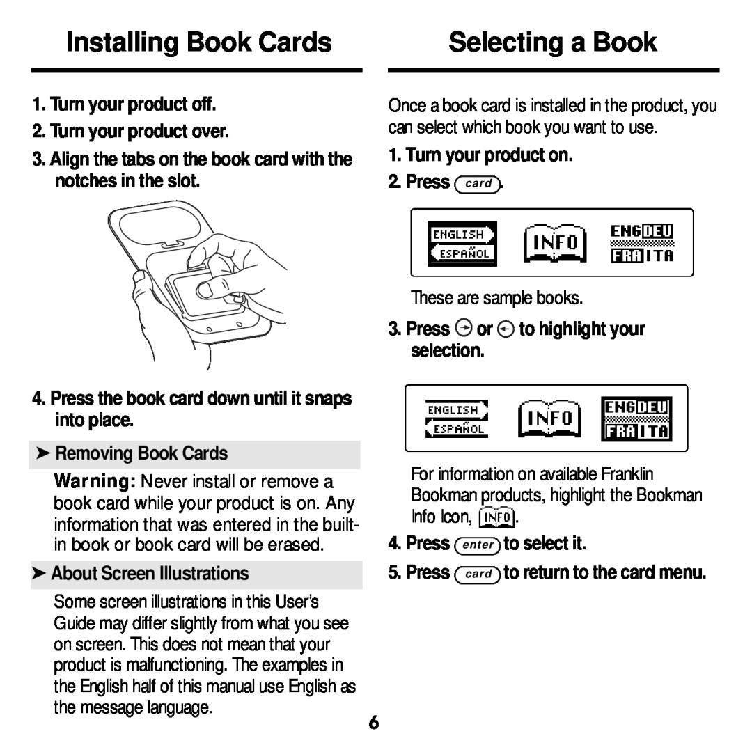 Franklin DBE-1440 manual Installing Book Cards, Selecting a Book, Turn your product off 2. Turn your product over 