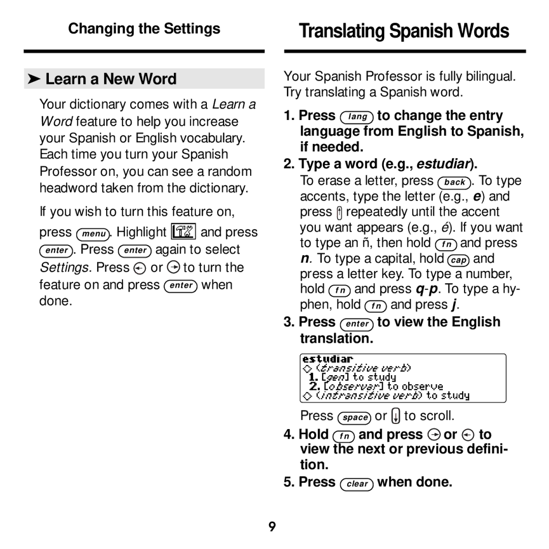 Franklin DBE-1440 manual Translating Spanish Words, Learn a New Word, Changing the Settings 