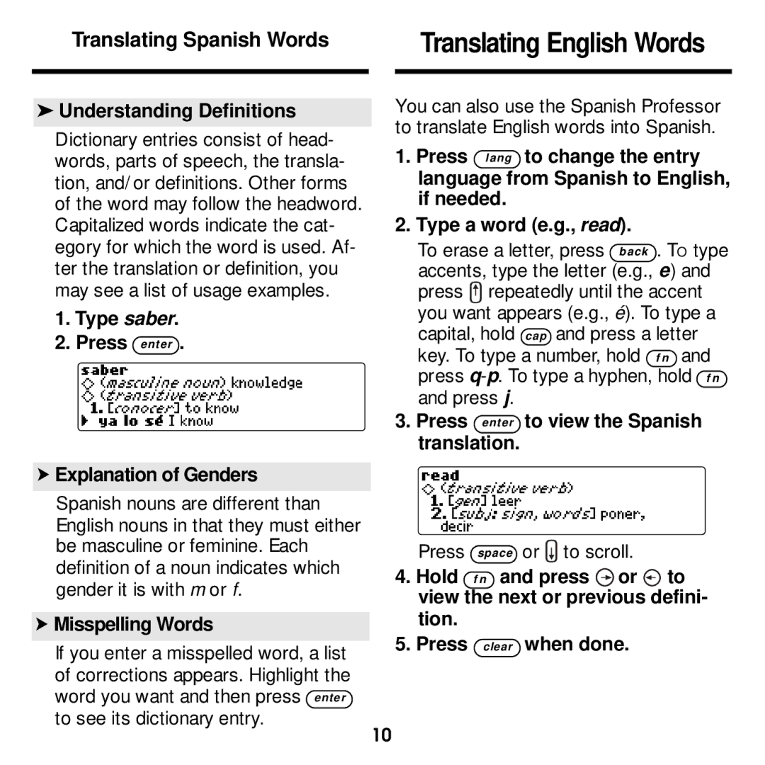 Franklin DBE-1440 manual Translating English Words, Translating Spanish Words 