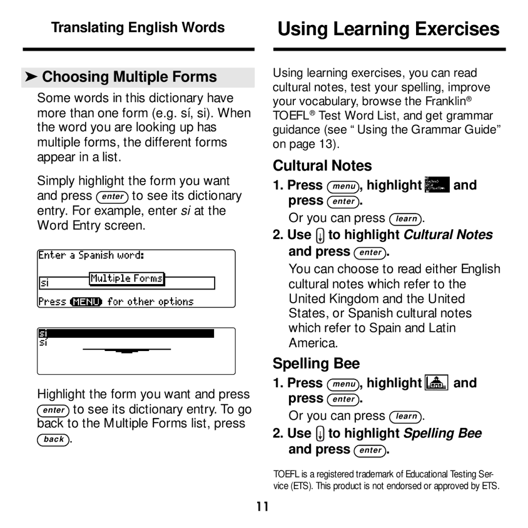 Franklin DBE-1440 manual Using Learning Exercises, Choosing Multiple Forms, Cultural Notes, Spelling Bee 