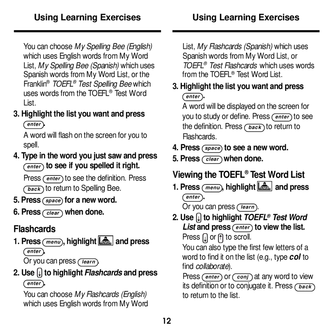 Franklin DBE-1440 manual Flashcards, Using Learning Exercises, Viewing the Toefl Test Word List 