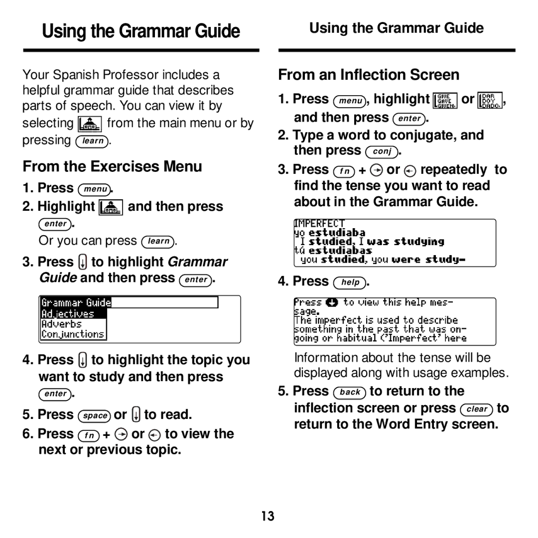 Franklin DBE-1440 manual Using the Grammar Guide, From the Exercises Menu, From an Inflection Screen 