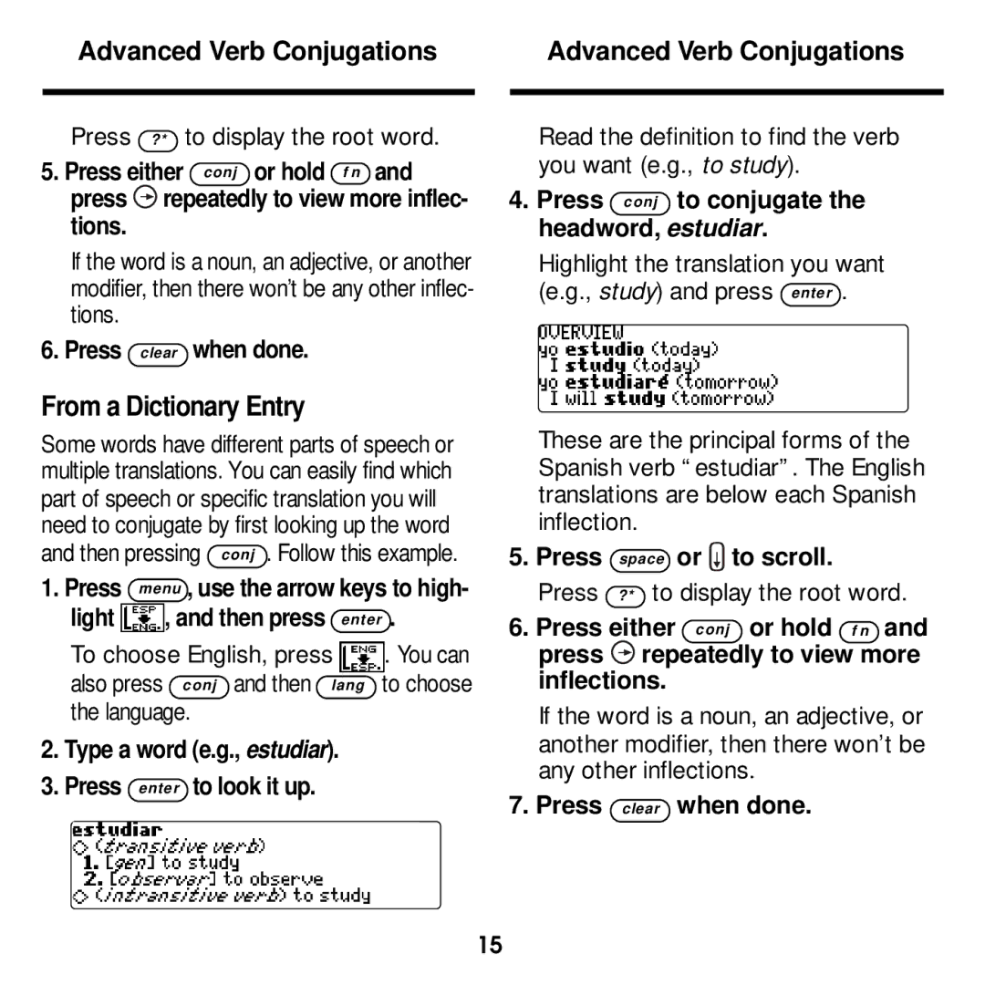 Franklin DBE-1440 manual From a Dictionary Entry, Advanced Verb Conjugations, Light Then press enter 