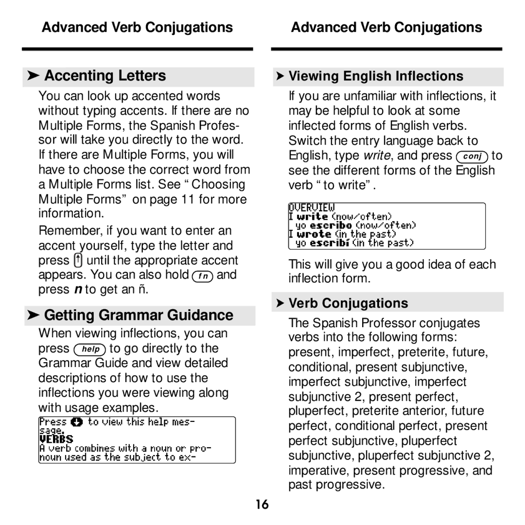 Franklin DBE-1440 manual Accenting Letters, Getting Grammar Guidance, Viewing English Inflections, Verb Conjugations 