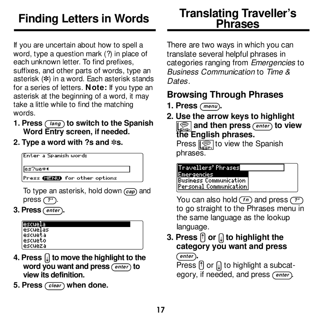 Franklin DBE-1440 manual Finding Letters in Words, Translating Traveller’s Phrases, Browsing Through Phrases 