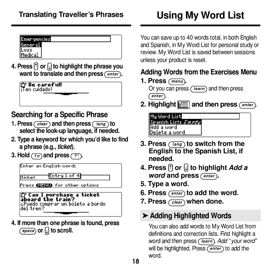 Franklin DBE-1440 manual Using My Word List, Searching for a Specific Phrase, Adding Highlighted Words 