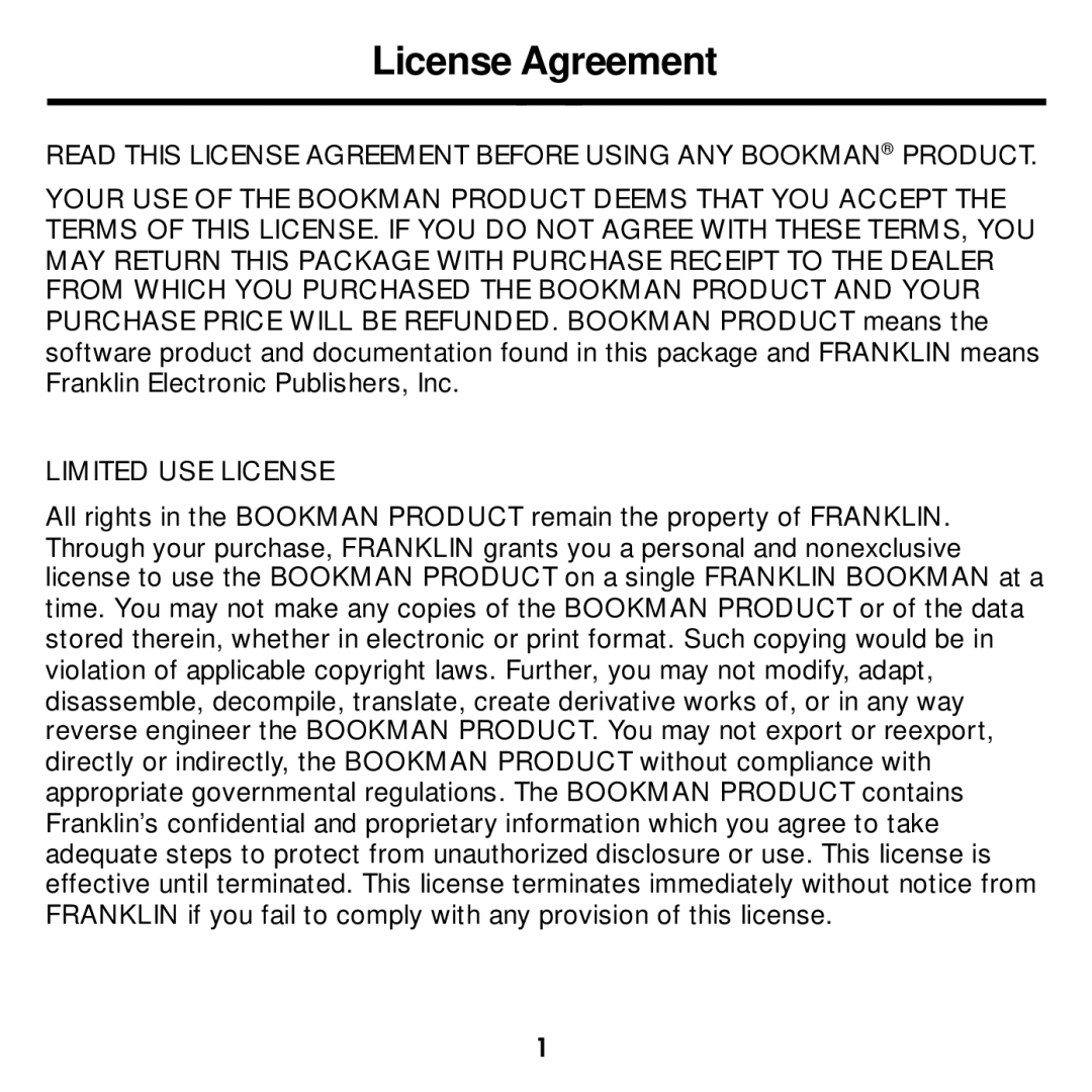 Franklin DBE-1440 manual License Agreement, Limited USE License 