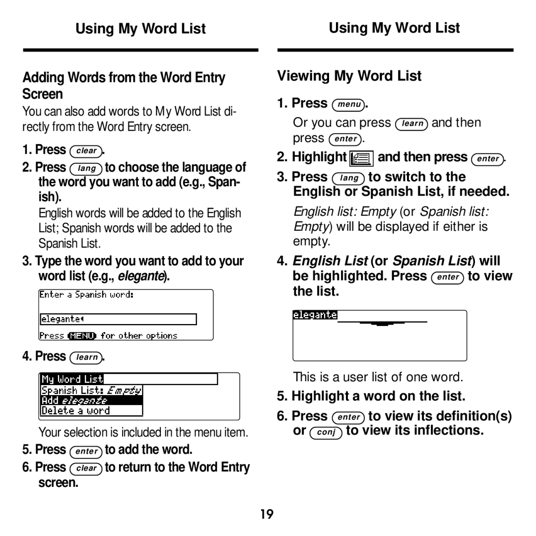 Franklin DBE-1440 Using My Word List Adding Words from the Word Entry Screen, Using My Word List Viewing My Word List 