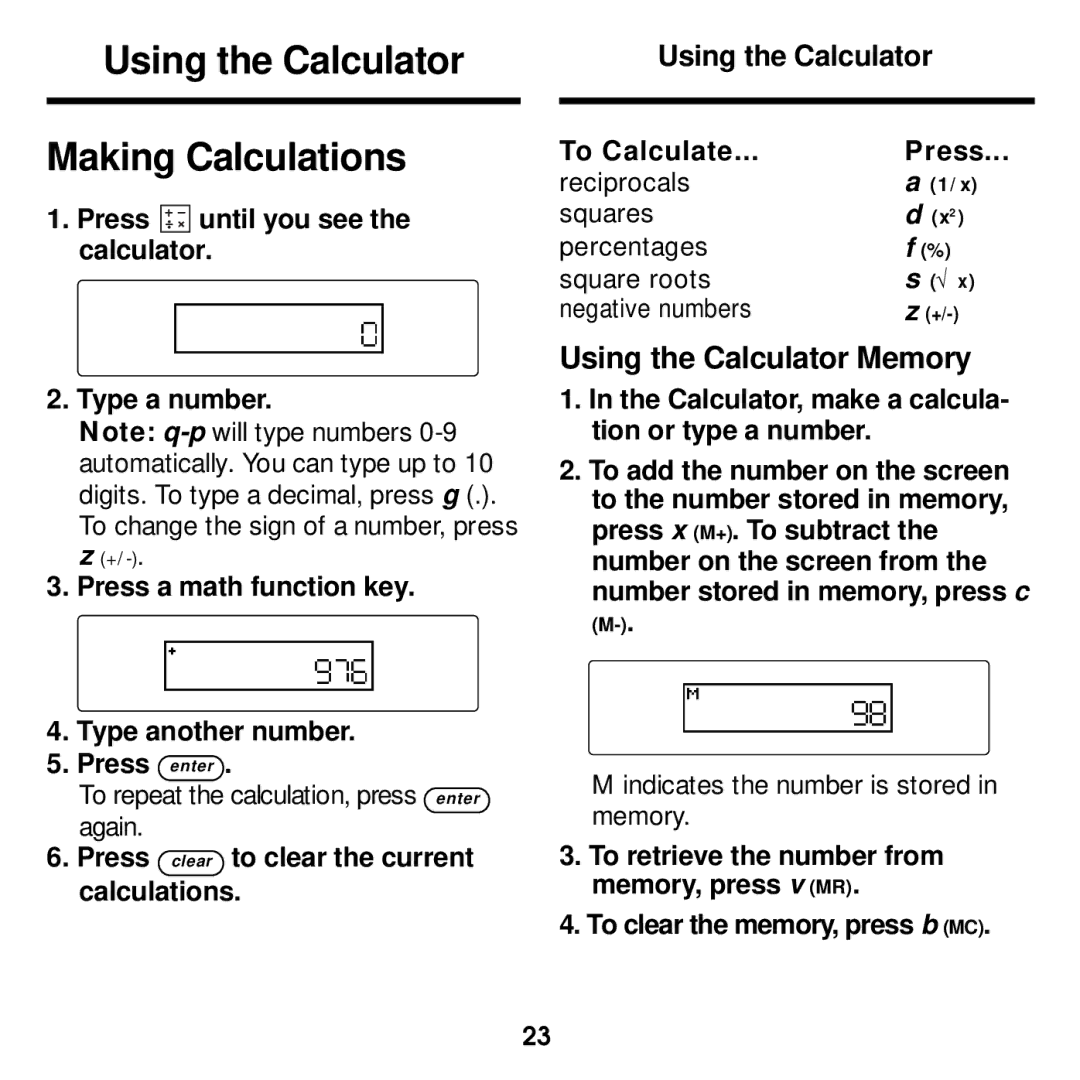 Franklin DBE-1440 manual Using the Calculator Making Calculations, Using the Calculator Memory 