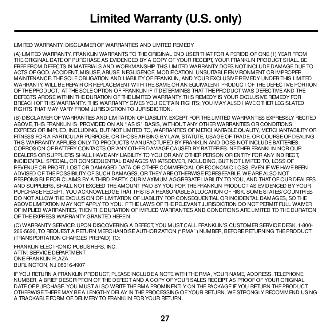 Franklin DBE-1440 manual Limited Warranty U.S. only 