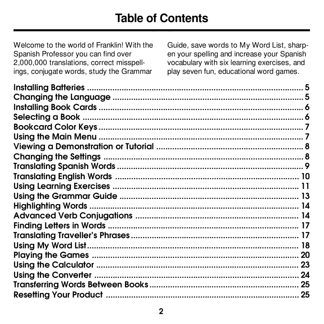 Franklin DBE-1440 manual Table of Contents 