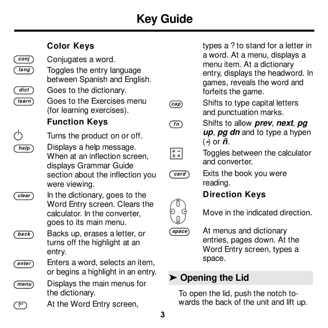 Franklin DBE-1440 manual Key Guide, Opening the Lid 