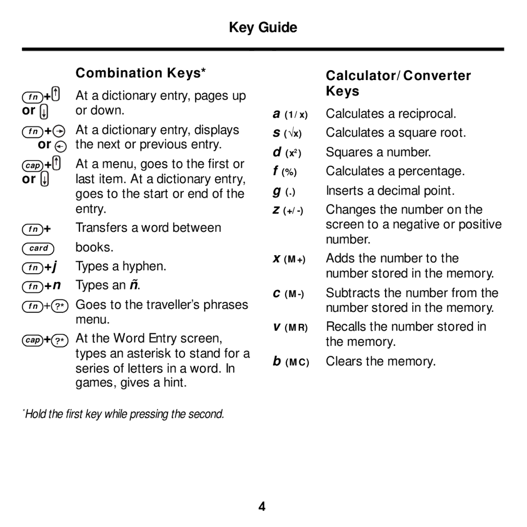 Franklin DBE-1440 manual Key Guide, Or down 