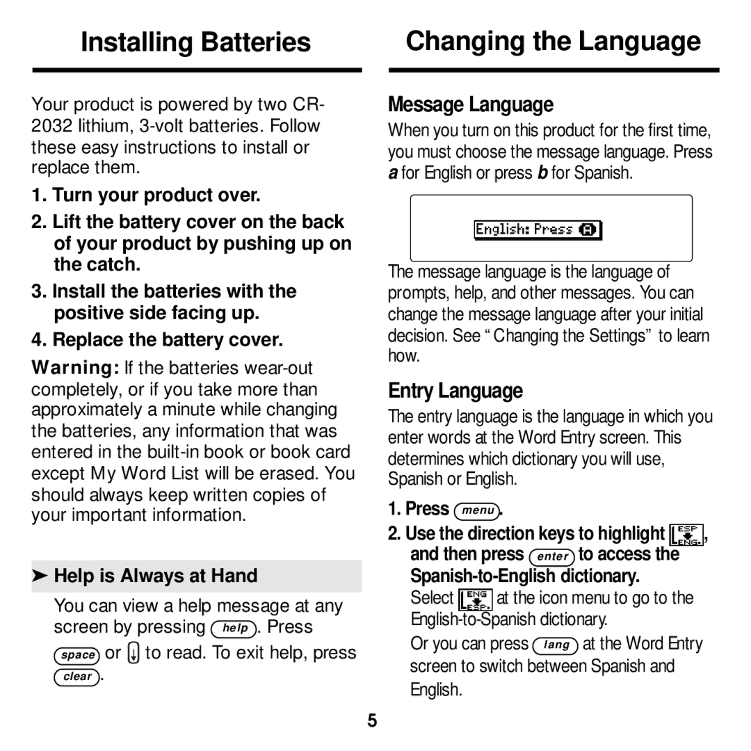 Franklin DBE-1440 manual Installing Batteries Changing the Language, Message Language, Entry Language, Press menu 