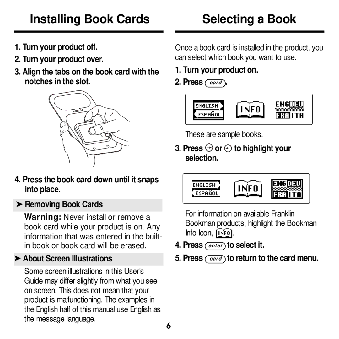 Franklin DBE-1440 manual Installing Book Cards Selecting a Book, Turn your product on Press card 