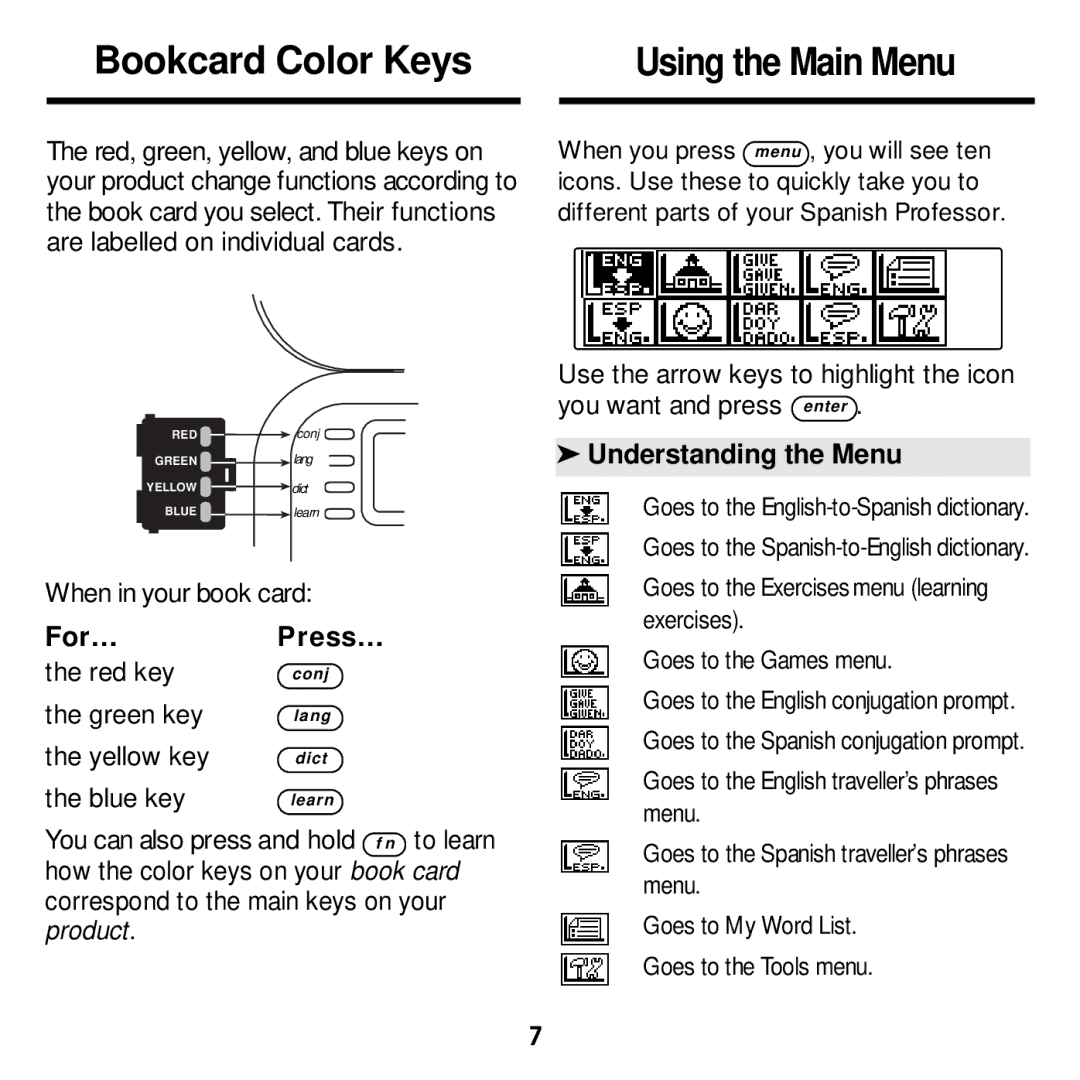 Franklin DBE-1440 manual Bookcard Color Keys Using the Main Menu, Understanding the Menu 