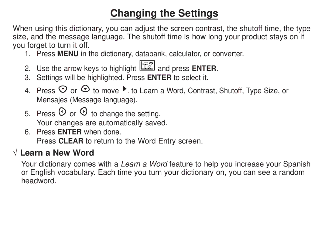 Franklin DBE-1450 manual Changing the Settings, √ Learn a New Word 