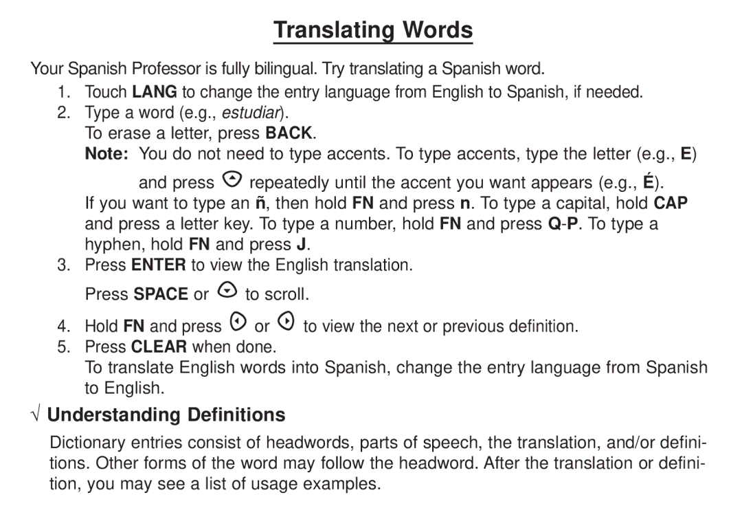 Franklin DBE-1450 manual Translating Words, √ Understanding Definitions 