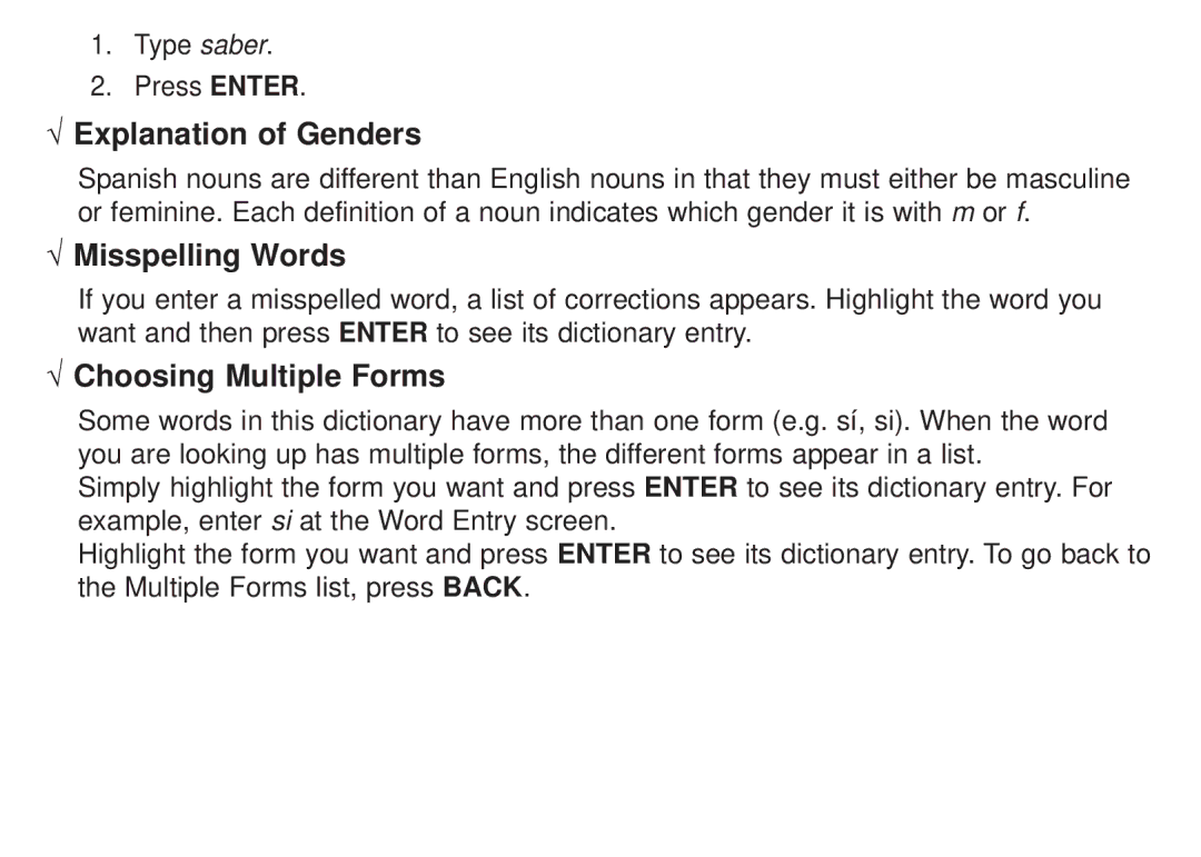 Franklin DBE-1450 manual √ Explanation of Genders, √ Misspelling Words, √ Choosing Multiple Forms 