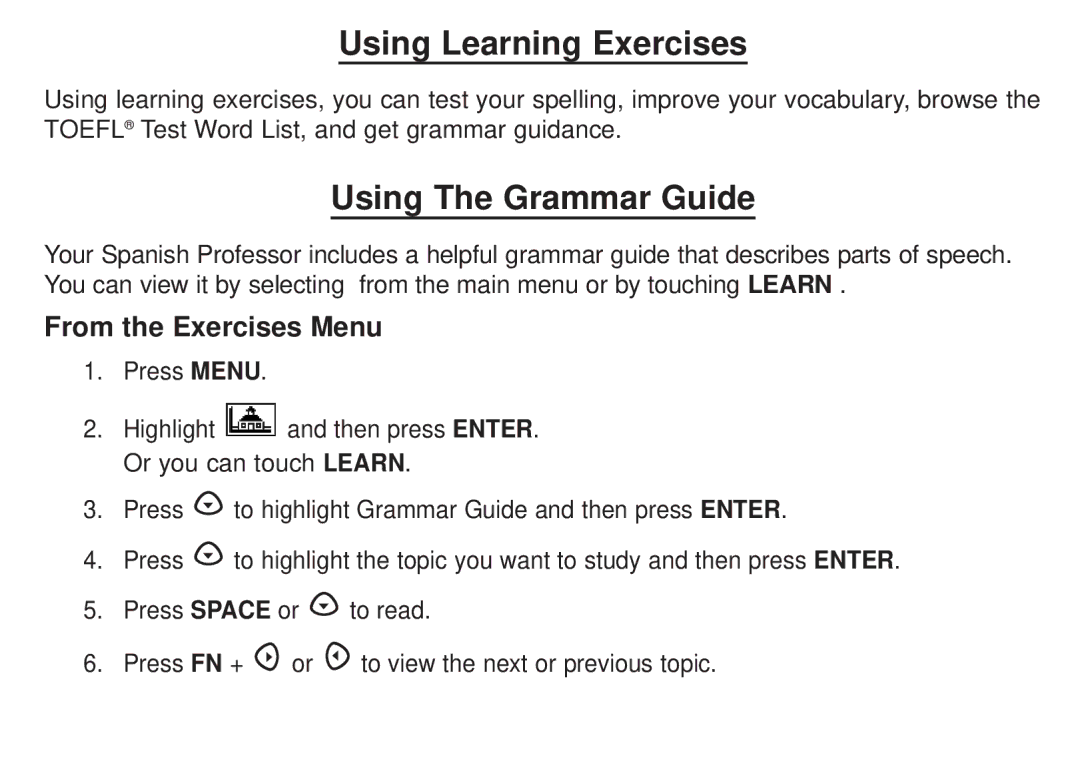 Franklin DBE-1450 manual Using Learning Exercises, Using The Grammar Guide, From the Exercises Menu 