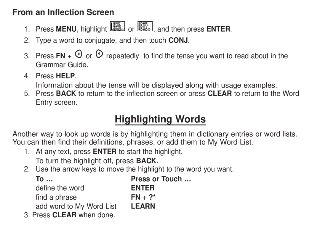 Franklin DBE-1450 manual Highlighting Words, From an Inflection Screen 