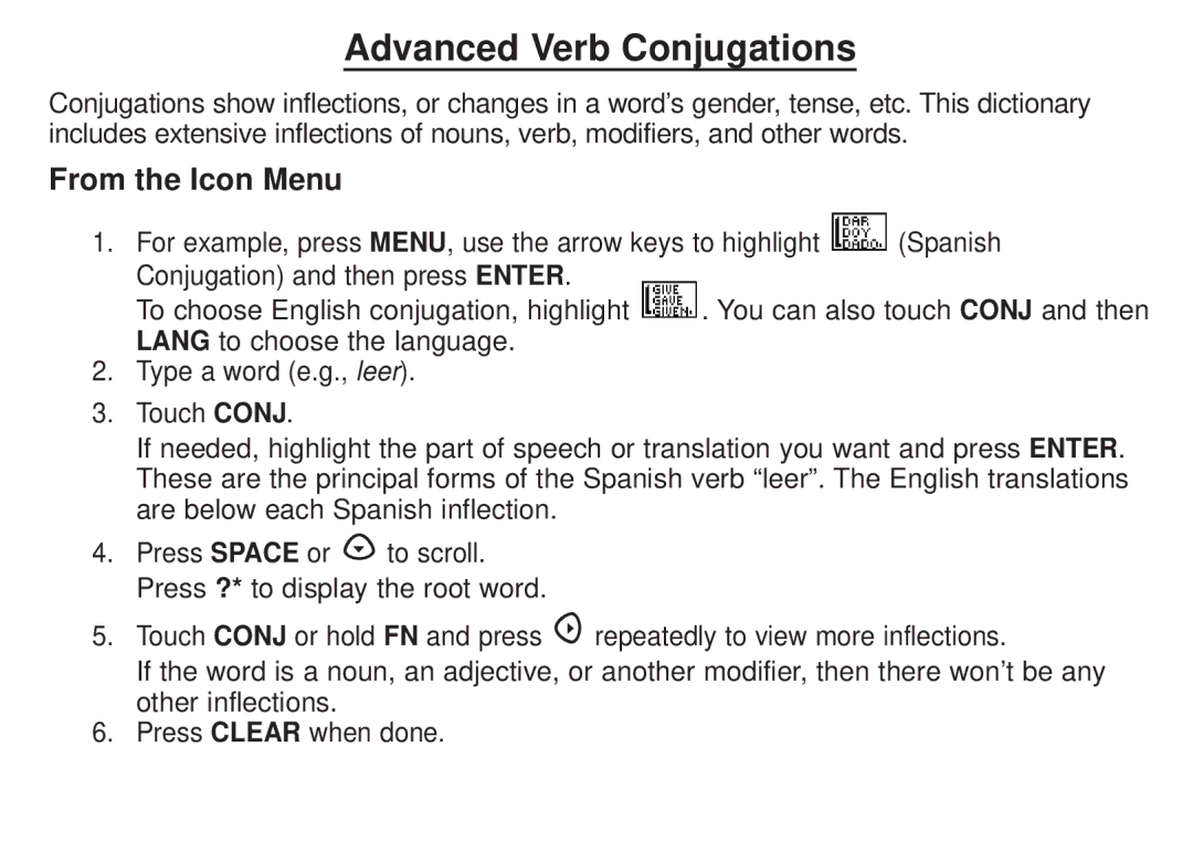 Franklin DBE-1450 manual Advanced Verb Conjugations, From the Icon Menu 