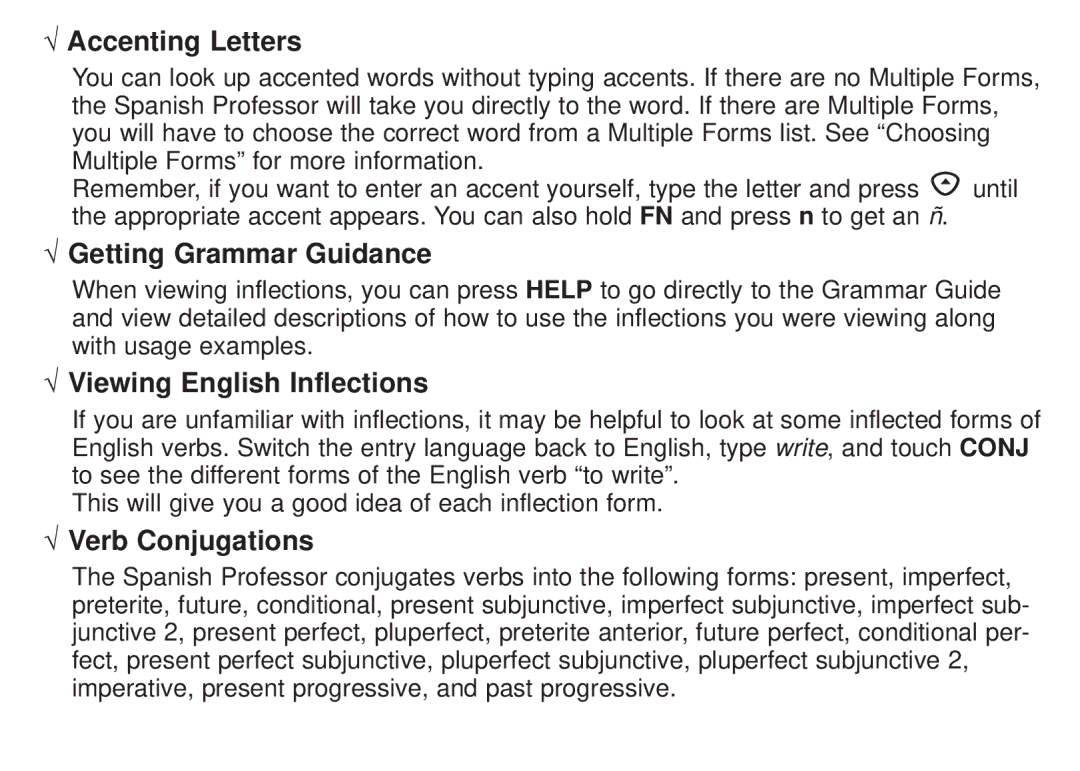 Franklin DBE-1450 √ Accenting Letters, √ Getting Grammar Guidance, √ Viewing English Inflections, √ Verb Conjugations 