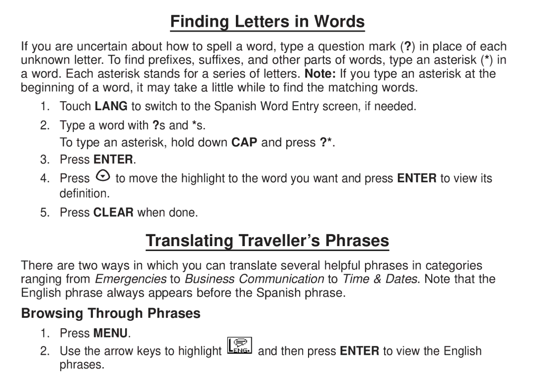 Franklin DBE-1450 manual Finding Letters in Words, Translating Traveller’s Phrases, Browsing Through Phrases 