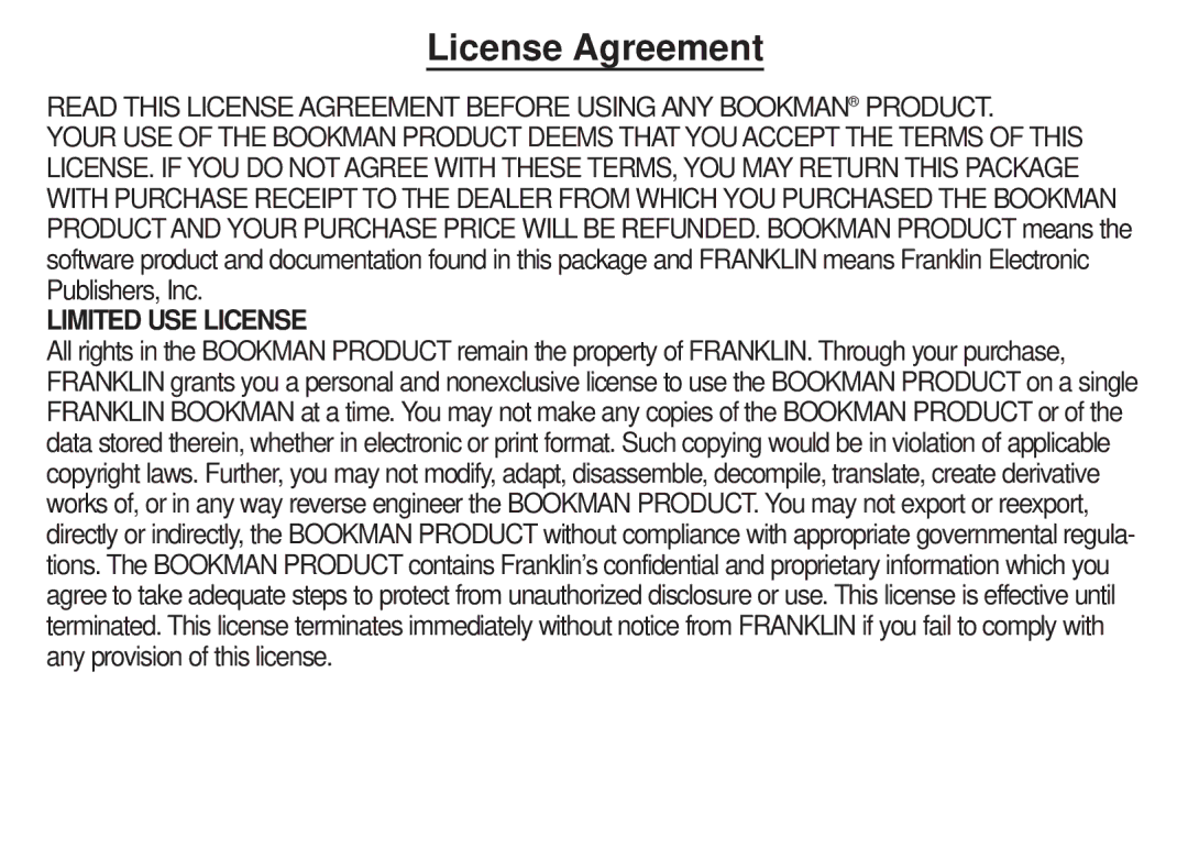 Franklin DBE-1450 manual License Agreement, Limited USE License 