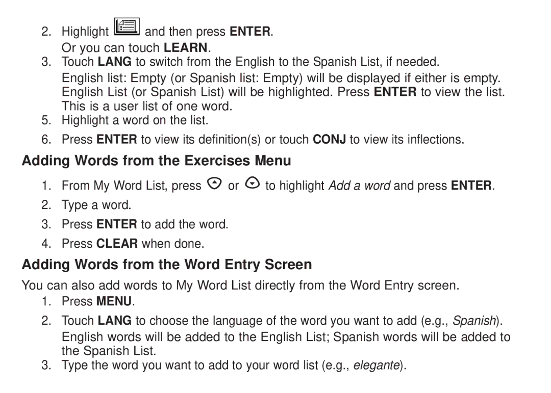 Franklin DBE-1450 manual Adding Words from the Exercises Menu, Adding Words from the Word Entry Screen 