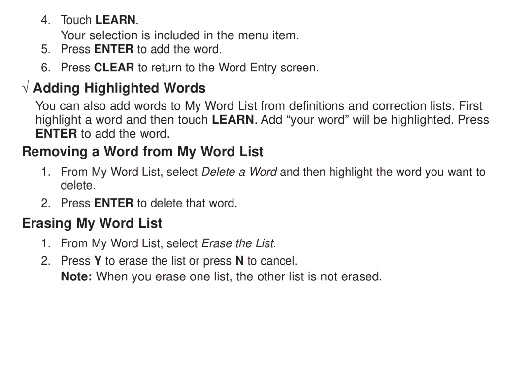 Franklin DBE-1450 manual √ Adding Highlighted Words, Removing a Word from My Word List, Erasing My Word List 