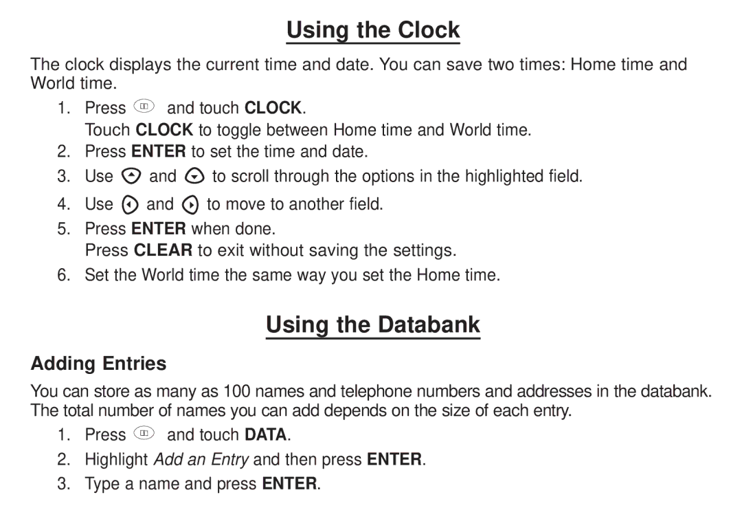 Franklin DBE-1450 manual Using the Clock, Using the Databank, Adding Entries 