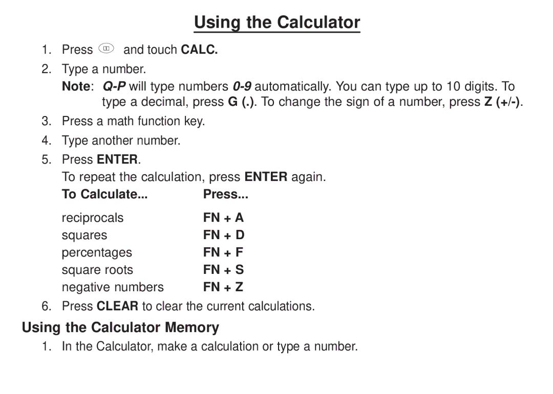 Franklin DBE-1450 manual Using the Calculator Memory 