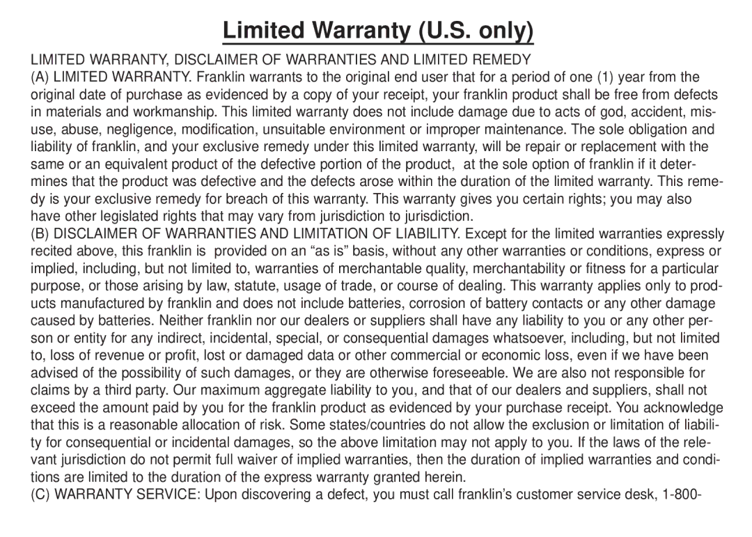 Franklin DBE-1450 manual Limited Warranty U.S. only 