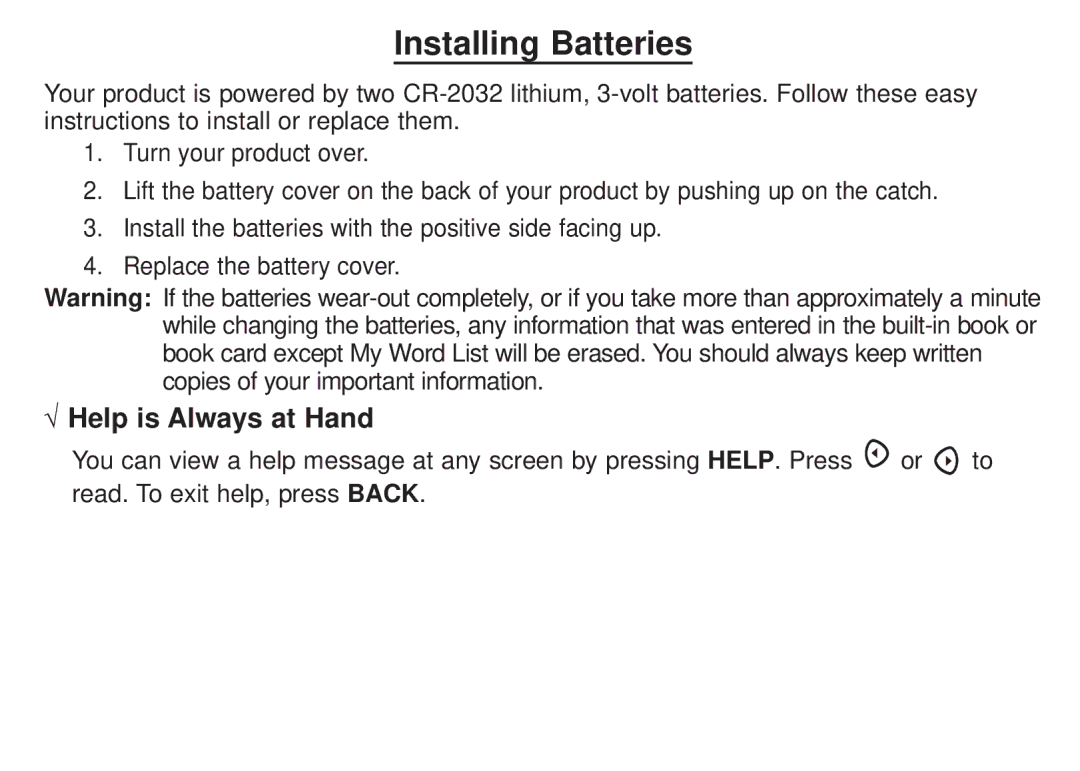 Franklin DBE-1450 manual Installing Batteries, √ Help is Always at Hand 